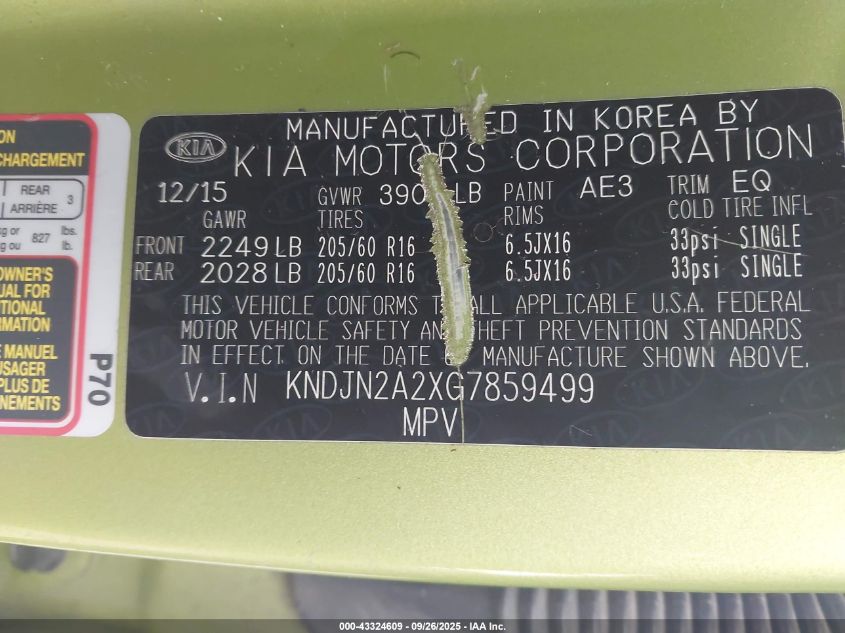 2016 Kia Soul VIN: KNDJN2A2XG7859499 Lot: 43324609