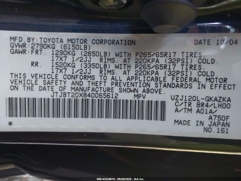 2004 Lexus Gx 470 VIN: JTJBT20X840065612 Lot: 43324610