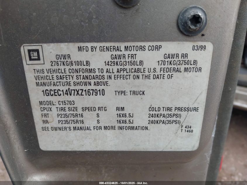 1999 Chevrolet Silverado 1500 Ls VIN: 1GCEC14V7XZ167910 Lot: 43324625