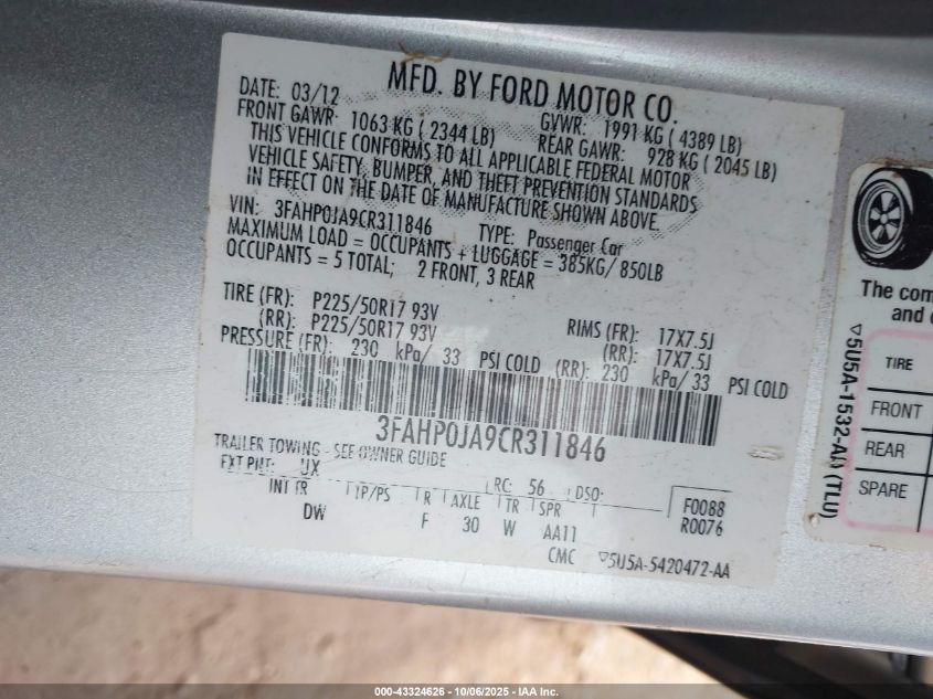 2012 Ford Fusion Sel VIN: 3FAHP0JA9CR311846 Lot: 43324626