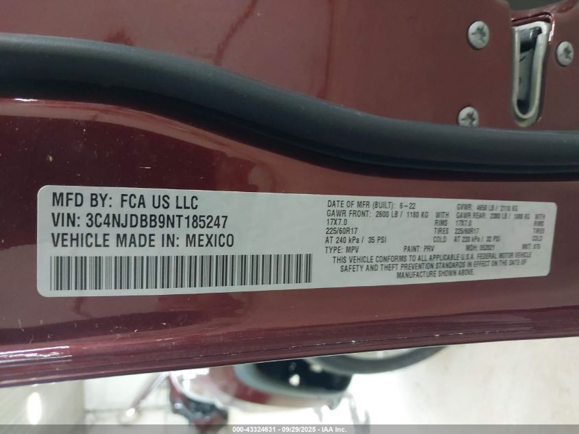2022 Jeep Compass Latitude 4X4 VIN: 3C4NJDBB9NT185247 Lot: 43324631