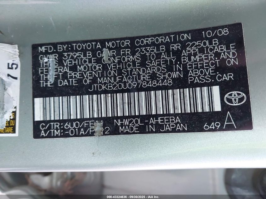 2009 Toyota Prius VIN: JTDKB20U097848448 Lot: 43324636