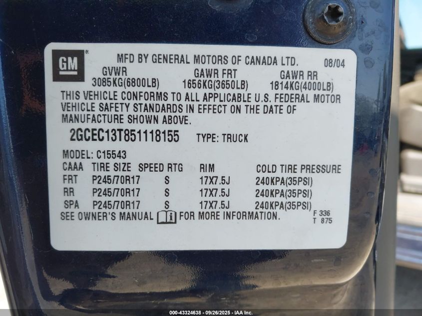 2005 Chevrolet Silverado 1500 Ls VIN: 2GCEC13T851118155 Lot: 43324638