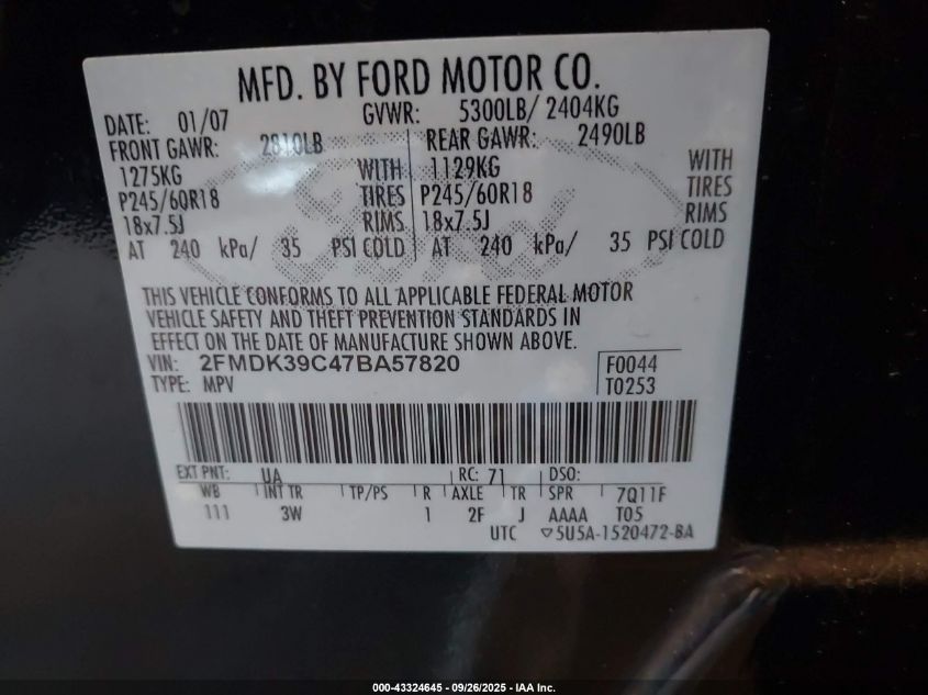 2007 Ford Edge Sel Plus VIN: 2FMDK39C47BA57820 Lot: 43324645