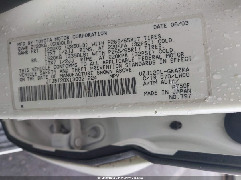 2003 Lexus Gx 470 VIN: JTJBT20X130021224 Lot: 43324664