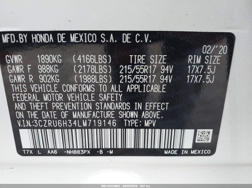 2020 HONDA HR-V AWD LX - 3CZRU6H34LM719146