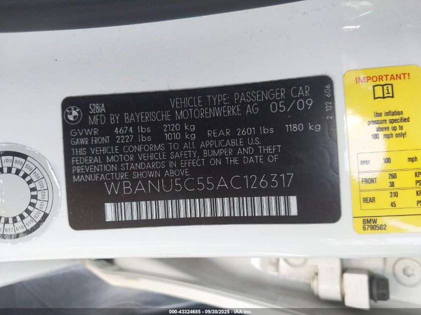 2010 BMW 528I VIN: WBANU5C55AC126317 Lot: 43324685