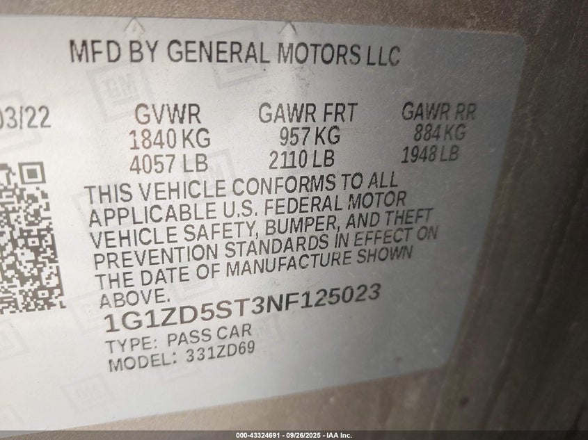 2022 CHEVROLET MALIBU FWD LT - 1G1ZD5ST3NF125023