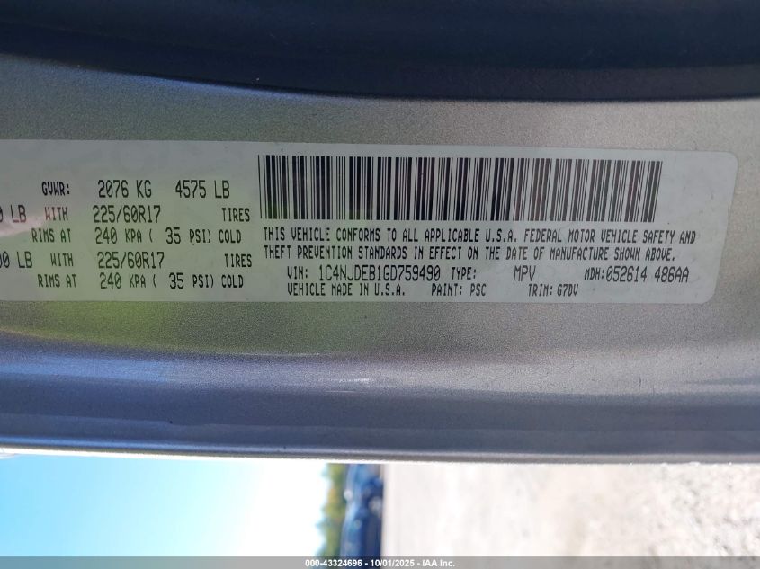 2016 Jeep Compass Latitude VIN: 1C4NJDEB1GD759490 Lot: 43324696