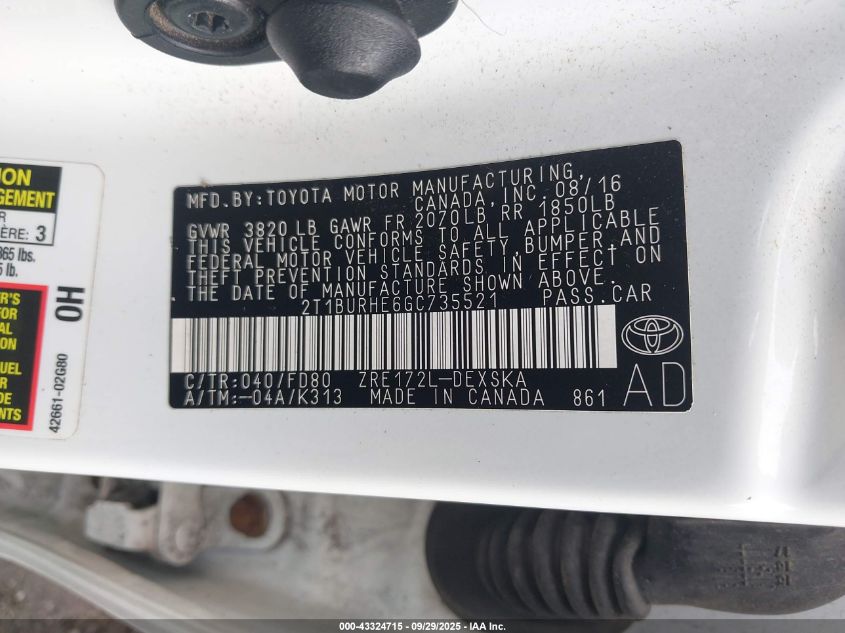 2016 Toyota Corolla S Plus VIN: 2T1BURHE6GC735521 Lot: 43324715