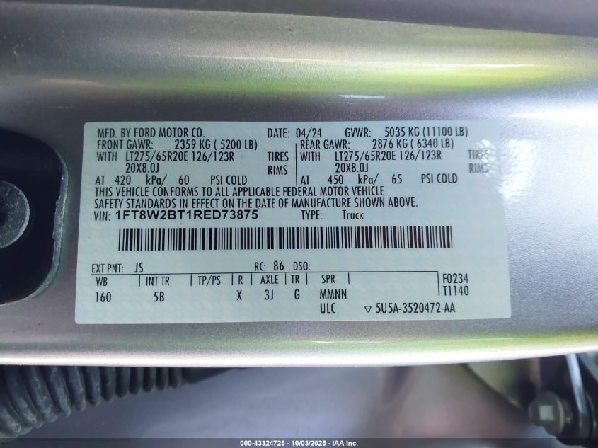 2024 Ford F-250 Lariat VIN: 1FT8W2BT1RED73875 Lot: 43324725