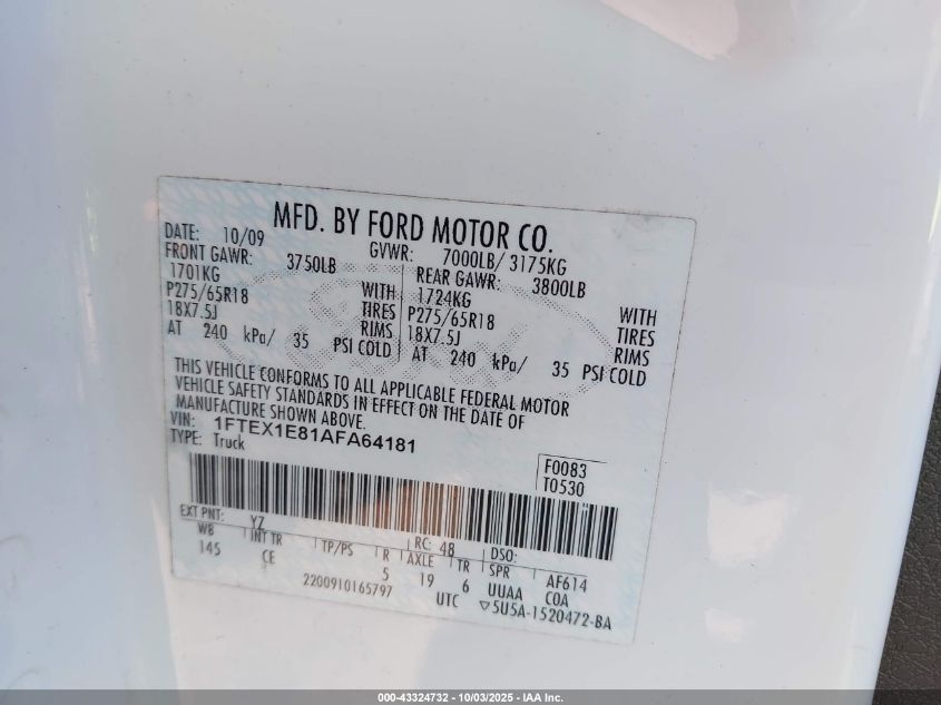 2010 Ford F-150 Stx/Xl/Xlt VIN: 1FTEX1E81AFA64181 Lot: 43324732