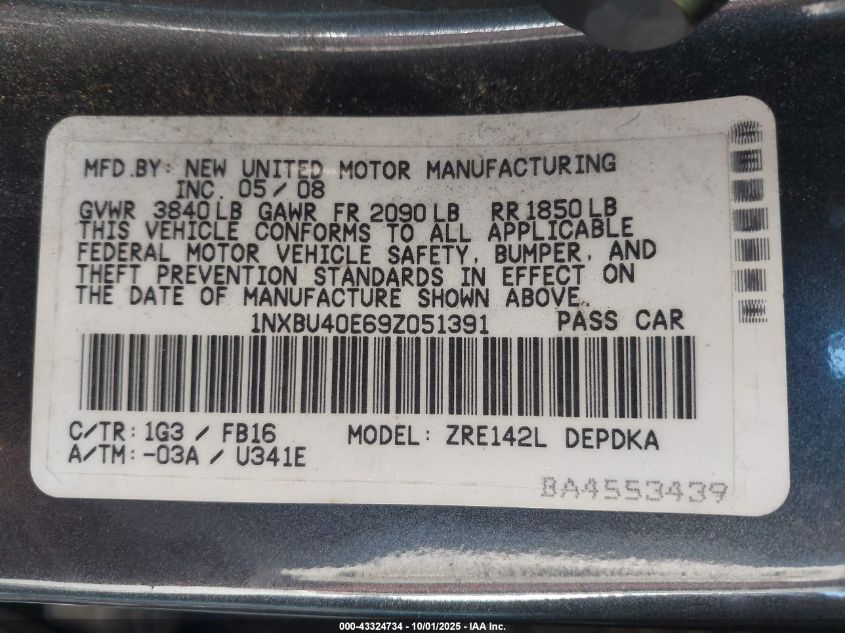 2009 Toyota Corolla Le VIN: 1NXBU40E69Z051391 Lot: 43324734