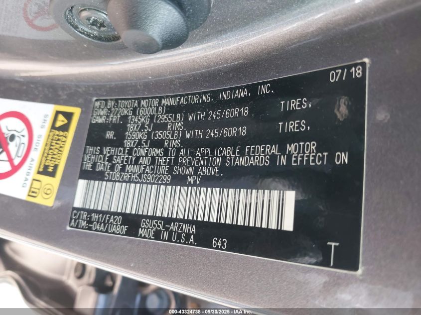 2018 Toyota Highlander Le Plus VIN: 5TDBZRFH5JS902299 Lot: 43324738