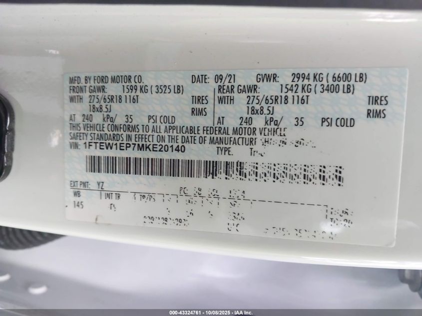 2021 Ford F-150 VIN: 1FTEW1EP7MKE20140 Lot: 14200777