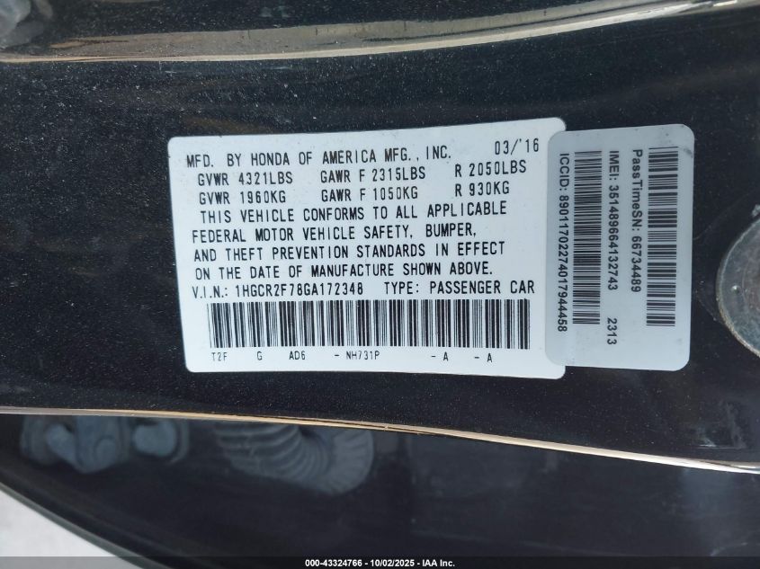 2016 Honda Accord Ex VIN: 1HGCR2F78GA172348 Lot: 43324766