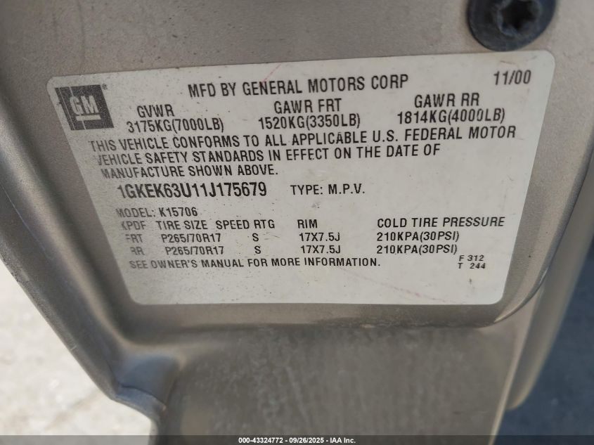 2001 GMC Yukon Denali VIN: 1GKEK63U11J175679 Lot: 43324772