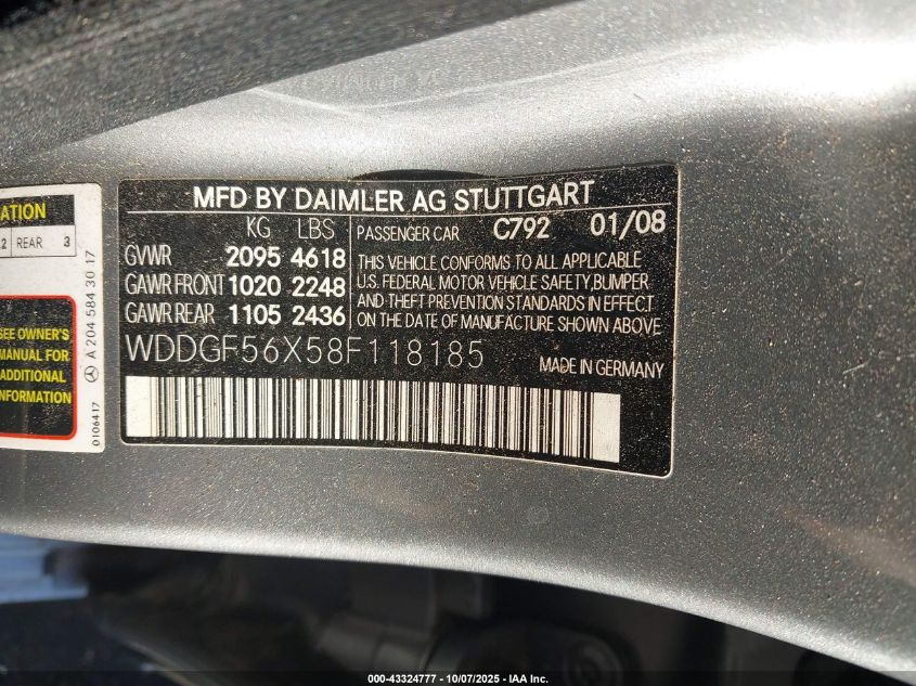 2008 Mercedes-Benz C 350 Sport VIN: WDDGF56X58F118185 Lot: 43324777