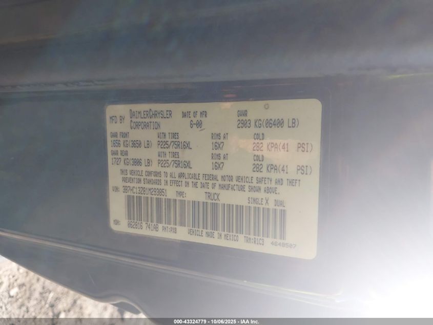 2001 Dodge Ram 1500 St VIN: 3B7HC13Z81M293851 Lot: 43324779