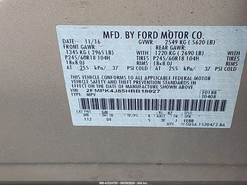 2017 Ford Edge Sel VIN: 2FMPK4J85HBB18927 Lot: 43324783