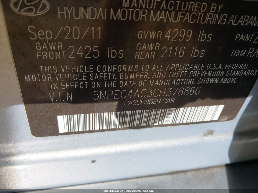 2012 Hyundai Sonata Limited VIN: 5NPEC4AC3CH378866 Lot: 43324792
