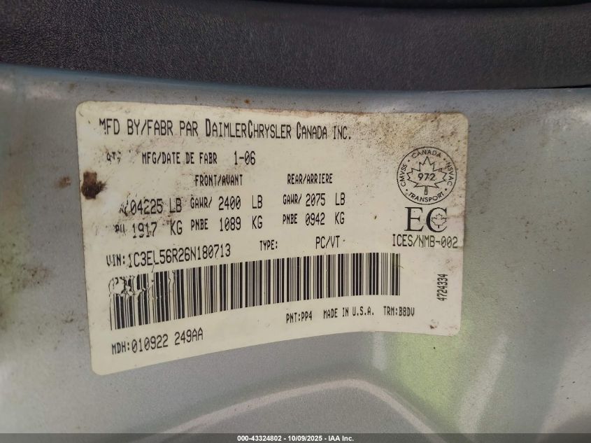 2006 Chrysler Sebring Touring VIN: 1C3EL56R26N180713 Lot: 43324802