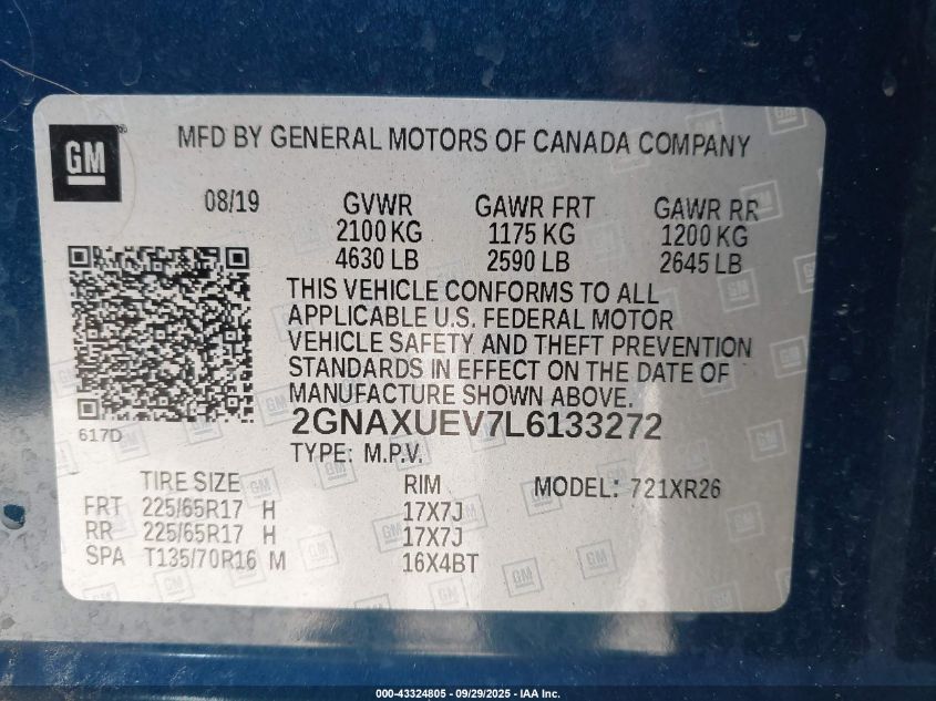 2020 Chevrolet Equinox Awd Lt 1.5L Turbo VIN: 2GNAXUEV7L6133272 Lot: 43324805