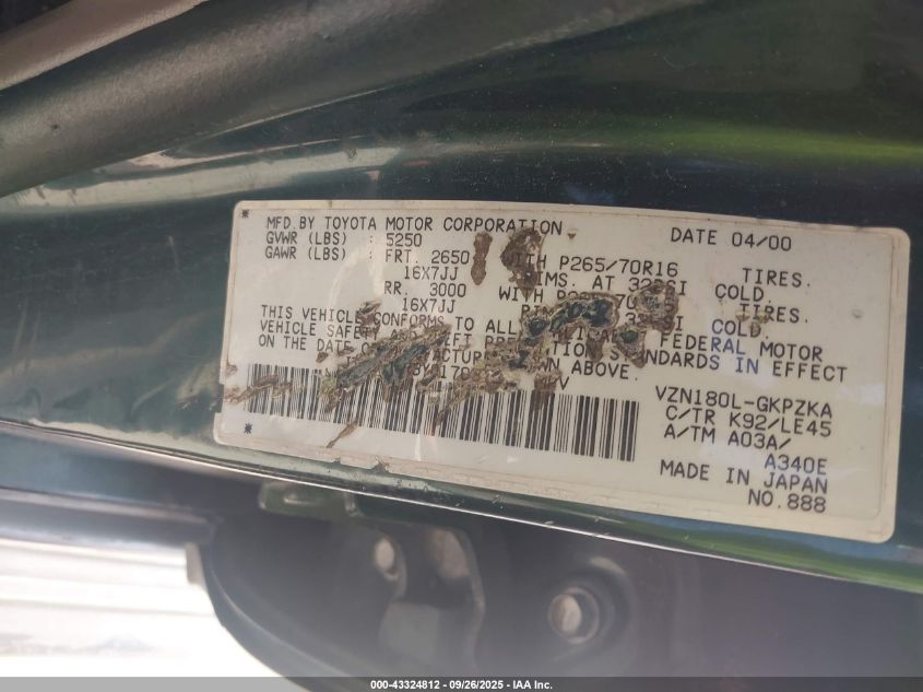 2000 Toyota 4Runner Limited V6 VIN: JT3GN87R3Y0170372 Lot: 43324812