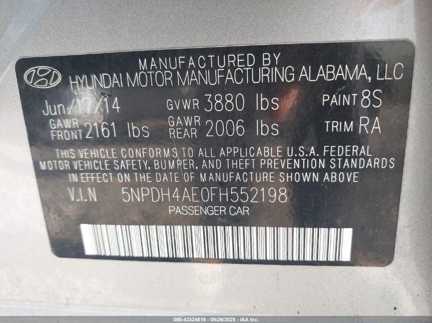 2015 Hyundai Elantra Se VIN: 5NPDH4AE0FH552198 Lot: 43324816