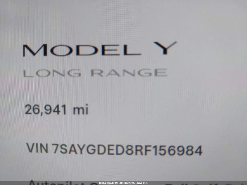 2024 Tesla Model Y Long Range Dual Motor All-Wheel Drive/Rwd VIN: 7SAYGDED8RF156984 Lot: 43324819