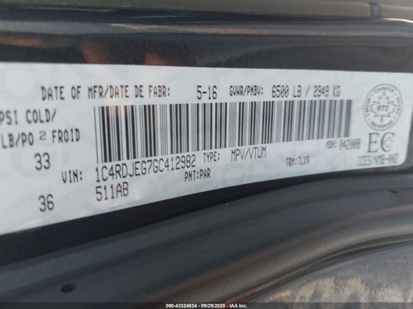 2016 Dodge Durango Citadel VIN: 1C4RDJEG7GC412982 Lot: 43324834