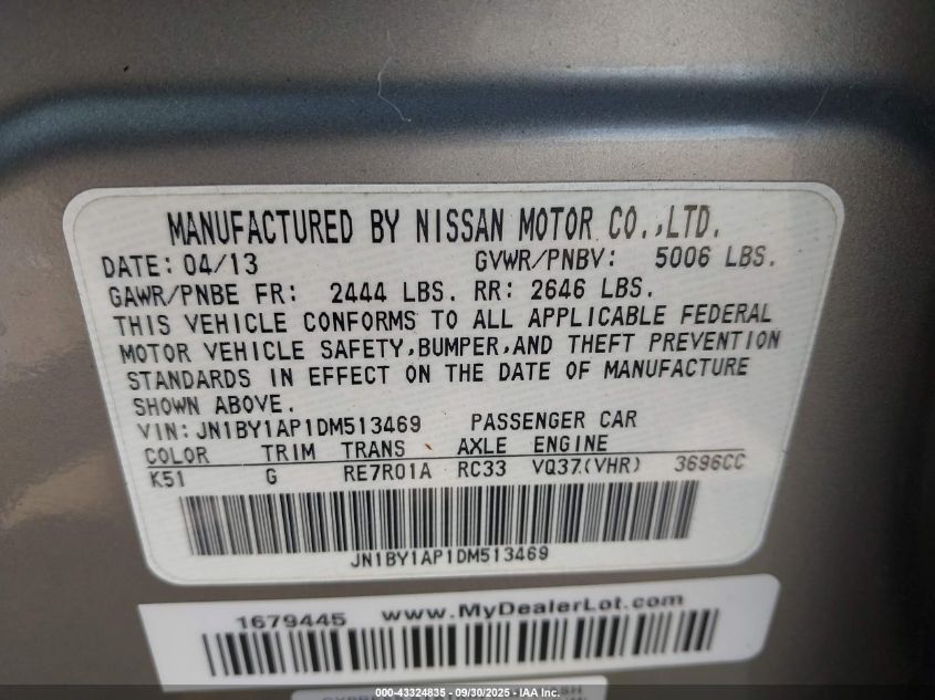 2013 Infiniti M37 VIN: JN1BY1AP1DM513469 Lot: 43324835