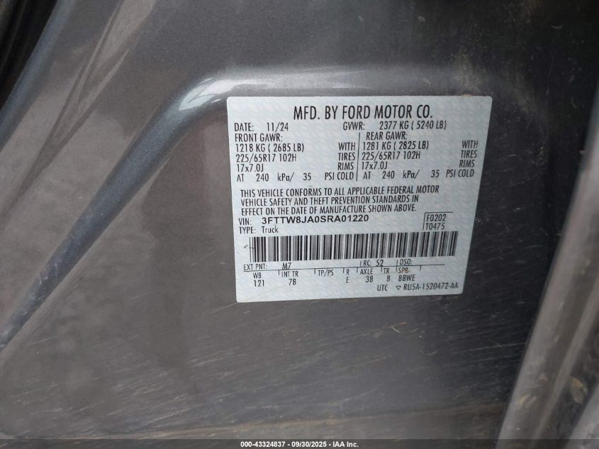 2025 Ford Maverick Xlt VIN: 3FTTW8JA0SRA01220 Lot: 43324837