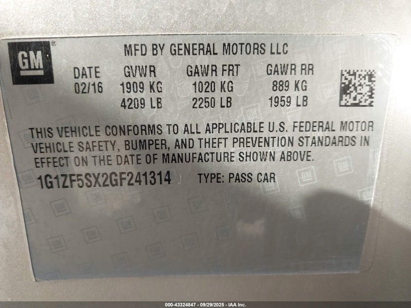 2016 Chevrolet Malibu 2Lt VIN: 1G1ZF5SX2GF241314 Lot: 43324847