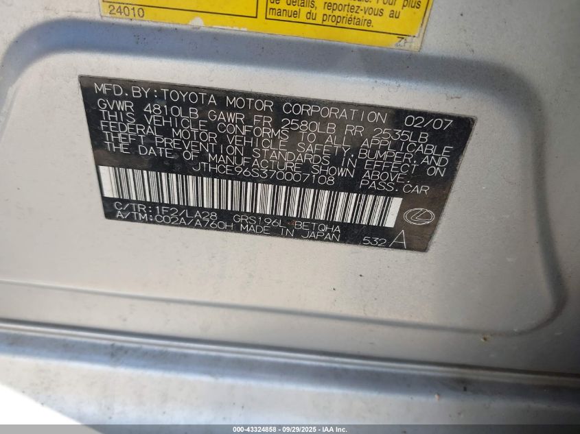 2007 Lexus Gs 350 VIN: JTHCE96S370007108 Lot: 43324858