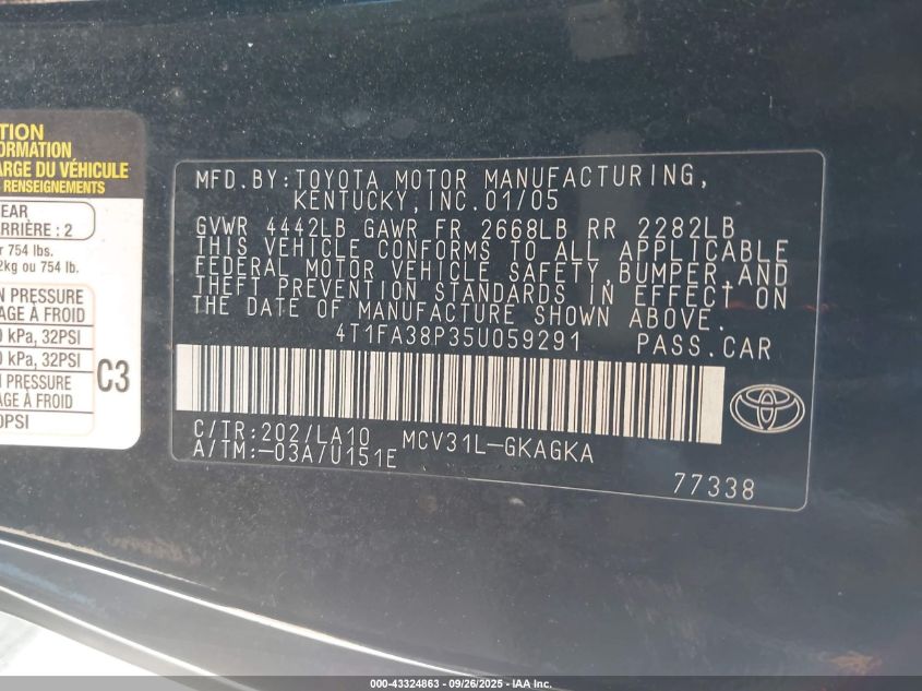 2005 Toyota Camry Solara Sle VIN: 4T1FA38P35U059291 Lot: 43324863