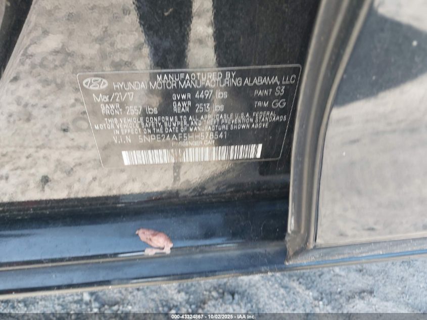 2017 Hyundai Sonata Se VIN: 5NPE24AF5HH578541 Lot: 43324867
