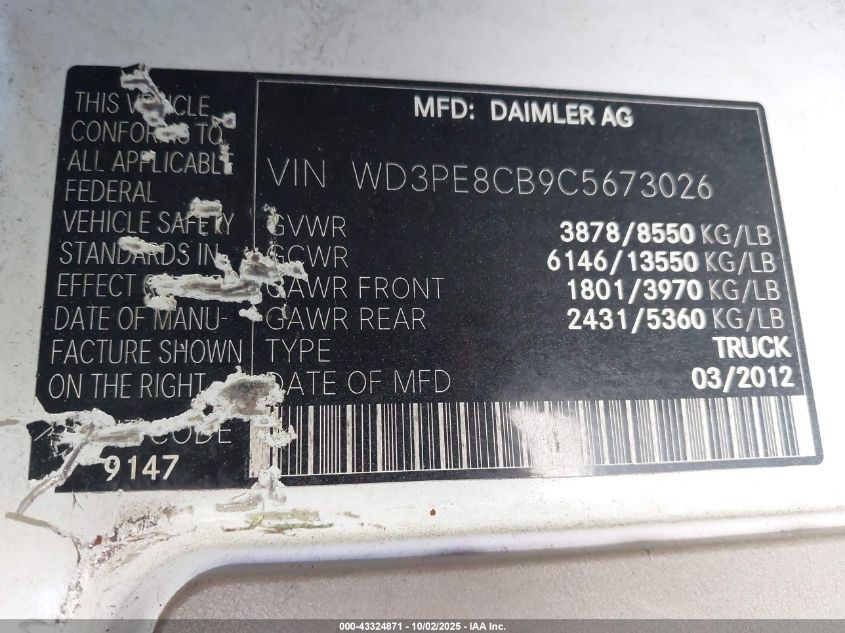 2012 Mercedes-Benz Sprinter 2500 High Roof VIN: WD3PE8CB9C5673026 Lot: 43324871