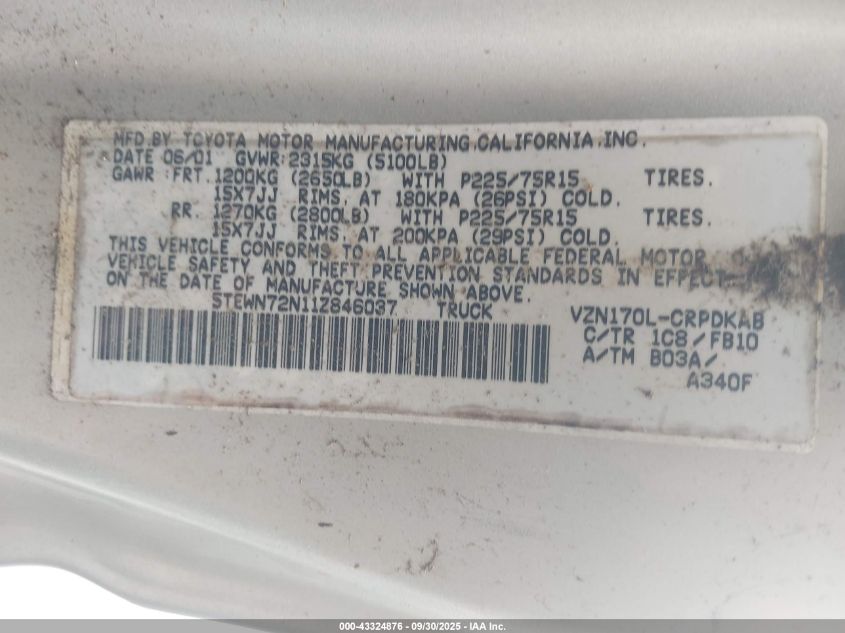 2001 Toyota Tacoma Base V6 VIN: 5TEWN72N11Z846037 Lot: 43324876