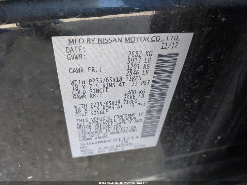 2013 Nissan Pathfinder Sl VIN: 5N1AR2MM8DC613714 Lot: 43324886