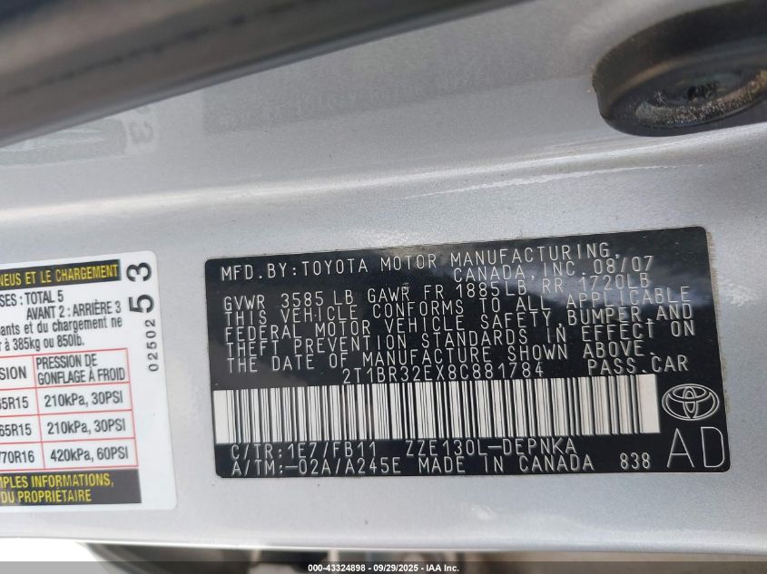 2008 Toyota Corolla Le VIN: 2T1BR32EX8C881784 Lot: 43324898