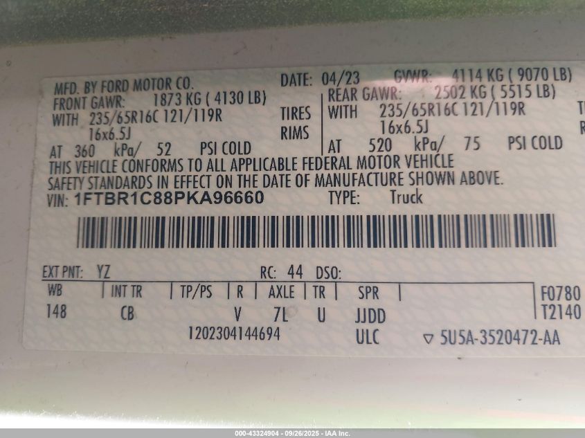 2023 Ford Transit-250 VIN: 1FTBR1C88PKA96660 Lot: 43324904