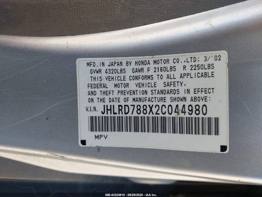 2002 Honda Cr-V Ex VIN: JHLRD788X2C044980 Lot: 43324910