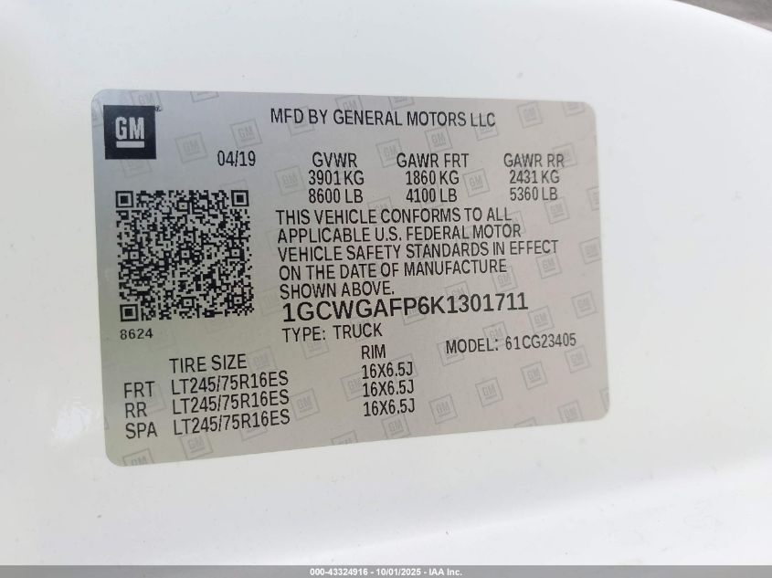 2019 Chevrolet Express 2500 Work Van VIN: 1GCWGAFP6K1301711 Lot: 43324916