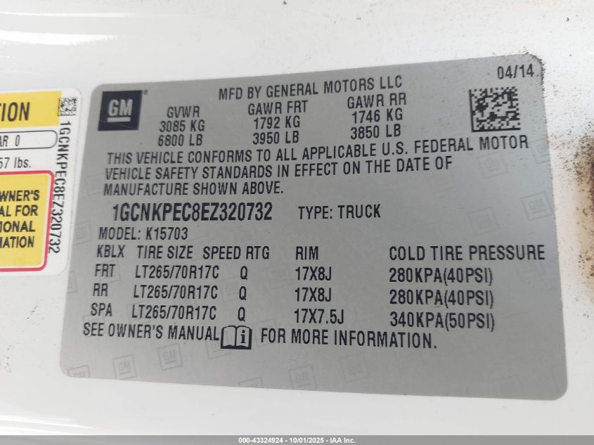 2014 Chevrolet Silverado 1500 Work Truck 1Wt VIN: 1GCNKPEC8EZ320732 Lot: 43324924