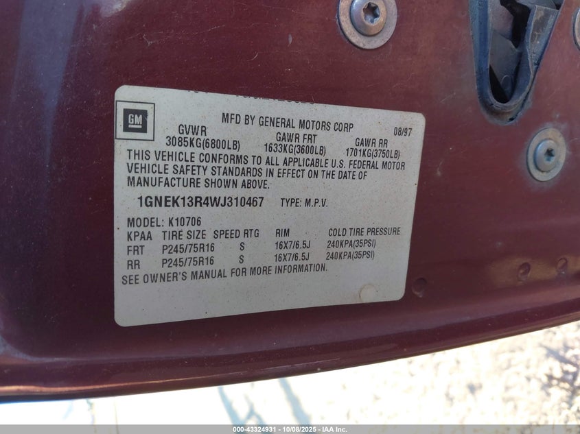 1998 Chevrolet Tahoe Ls VIN: 1GNEK13R4WJ310467 Lot: 43324931