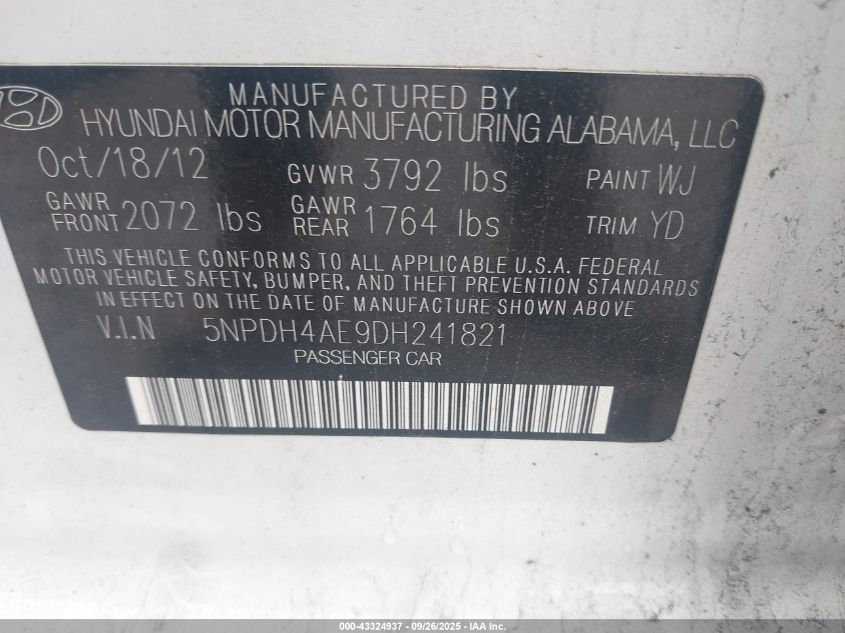 2013 Hyundai Elantra Gls VIN: 5NPDH4AE9DH241821 Lot: 43324937