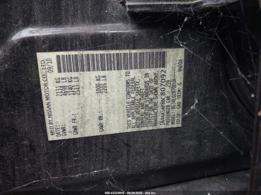 2011 Nissan Maxima 3.5 S VIN: 1N4AA5AP8BC807092 Lot: 43324938