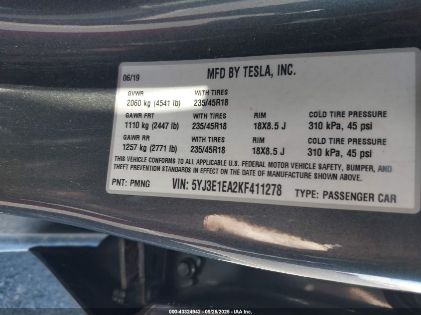 2019 Tesla Model 3 Long Range/Mid Range/Standard Range/Standard Range Plus VIN: 5YJ3E1EA2KF411278 Lot: 43324942