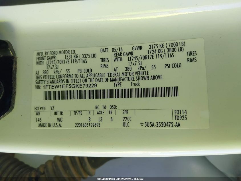 2016 Ford F-150 Xl VIN: 1FTEW1EF5GKE79229 Lot: 43324973